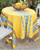 $55 60" Rd 2-4 Plc 6-Pcs Blue Floral on Yellow  Ensemble Set of 1-Yellow Blue Plain Cotton Tablecloth +4 Matching Napkins +1 Tidy Bread Basket - Embrace & Enjoy French Bistro Dining!