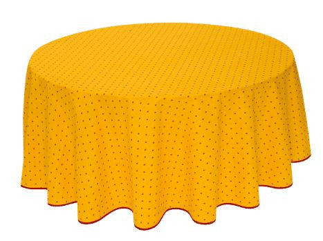 $79-70" Rd 2-6 Place 8-Pcs Ensemble Set Includes 1-Red Allover Calissons Floral Buds on Yellow Plain Cotton Tablecloth +6 Matching Napkins +1 Tidy Fabric Bread Basket - A Red Floral Sunny Day Table Topper!