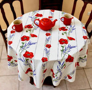 $69 60" Rd 6-Pcs 2-4 Plc Red Poppies on White Ensemble Seats 2-4 | Set  of 1 Coated Cotton Tablecloth, 4 Napkins, 1 Tidy Basket  – Enjoy Red Poppies on White Tabletop!