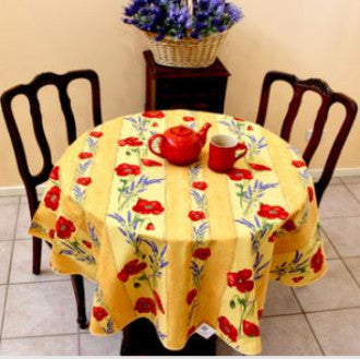 $55 60" Rd  6-Pcs 2-4 Place Red Poppies on Yellow Ensemble Set of 1-Red Poppies on Yellow Plain Cotton  Tablecloth +4 Matching Napkins +1 Tidy Fabric Bread Basket - Display a Red Poppies on Yellow Bistro Tabletop!