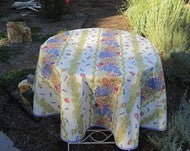 $59 60" Rd 6-Pcs 2-4 Plc Roses Lavender on White Ensemble Set of 1-Roses & Lavender on White Plain Cotton Tablecloth +4 Matching Napkins +1 Tidy Fabric Bread Basket - – Display a Roses Garden Look Tabletop!