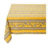 $45 60" Sq Blue Yellow Tablecloth Seats 2-4 With Stripe Filigree Floral Banner Stain-Proof Cotton Tablecloth -  Use on a 30 to 45 inch square table for 2 to 4 Place Seating or use a Slip-Leaf Expansion-Length Rectangular Table that seats 4 to 6!