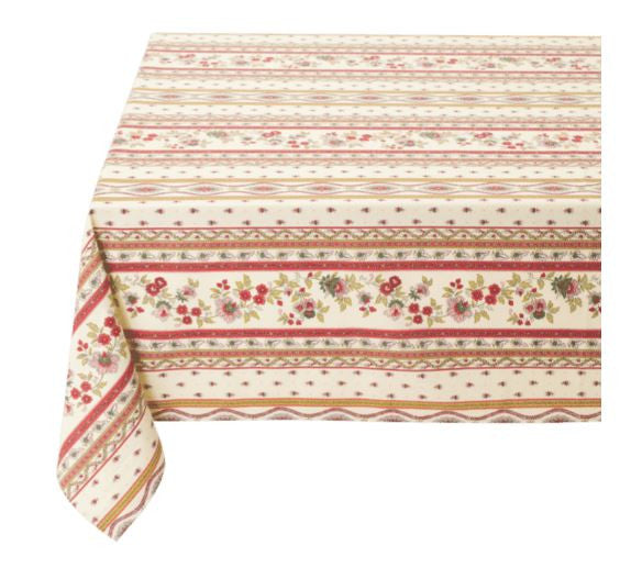 $49 60" Sq Pink Filigree Banner and Floral Calissons Buds on Ecru White Coated Cotton Tablecloth - Use on a 30 to 45 inch square table for 2 to 4 Place Seating or use a Slip-Leaf Expansion-Length Rectangular Table that seats 4 to 6!