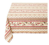 $49 60" Sq Pink Filigree Banner and Floral Calissons Buds on Ecru White Coated Cotton Tablecloth - Use on a 30 to 45 inch square table for 2 to 4 Place Seating or use a Slip-Leaf Expansion-Length Rectangular Table that seats 4 to 6!