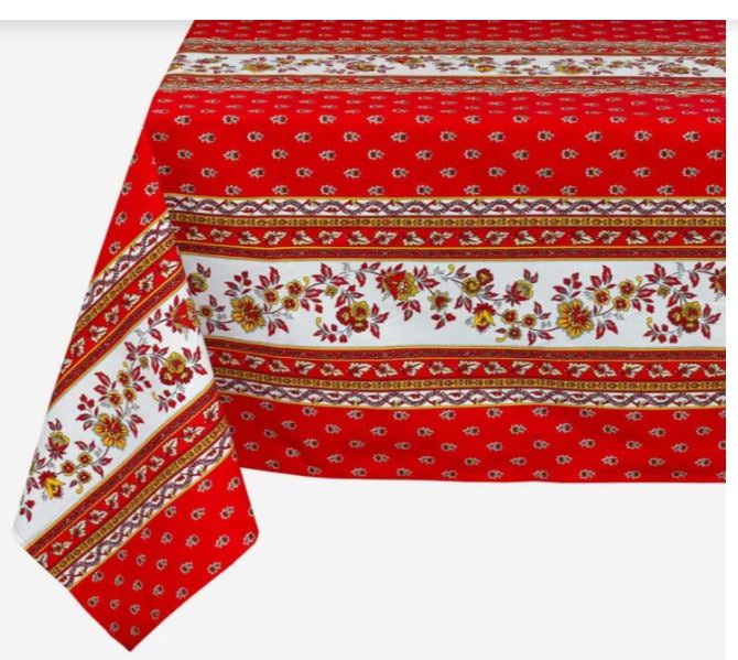 $89 60" Sq 2-4 Place 6-Pcs Ensemble Set of 1-Avignon Red & Yellow Stain-Proof Coated Cotton Tablecloth +4 Matching Napkins +1 Tidy Fabric Bread Basket - – Display French Red Bistro Dining Style!