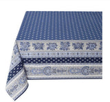 $49 60" Sq Blue on White Filigree Banner Design Stain-Proof Cotton Tablecloth - Use on a 30 to 45 inch square table for 2 to 4 Place Seating or use a Slip-Leaf Expansion-Length Rectangular Table that seats 4 to 6!
