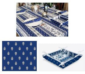 $99 60" Sq 2-4 Place 6-Pcs Ensemble Set of 1-Avignon Blue on White Stain-Proof Coated Cotton Tablecloth +4 Matching Napkins +1 Tidy Fabric Bread Basket - – Enjoy Royal Blue Cafe Dining Tabletop!
