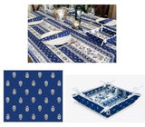 $99 60" Sq 2-4 Place 6-Pcs Ensemble Set of 1-Avignon Blue on White Stain-Proof Coated Cotton Tablecloth +4 Matching Napkins +1 Tidy Fabric Bread Basket - – Enjoy Royal Blue Cafe Dining Tabletop!
