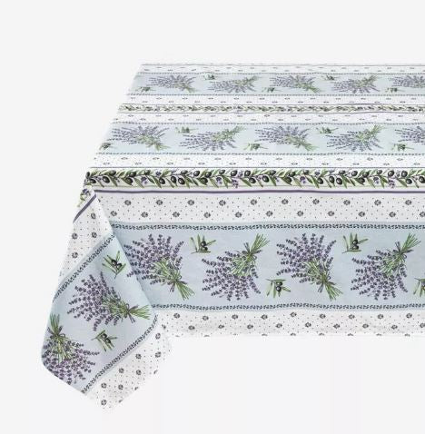 $49 60” Sq Lavender Sprigs & Olives on White Coated Cotton Tablecloth - Use on a 30 to 45 inch square table for 2 to 4 Place Seating or use a Slip-Leaf Expansion-Length Rectangular Table that seats 4 to 6!