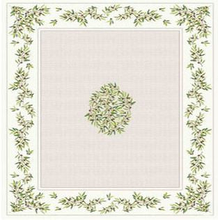 $19 60” Sq Olives on Grey Seats 2 or 4-6 Tissus Toselli Nyons Olives on 4-Side Border pattern of Olives Branches Theme on Grey PLain Cotton Tablecloth - Use a 30 to 40 inch round or square table for 2 to 4 Place Seating or use a Slip-Leaf or Drop-Leaves R