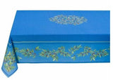 $19 60" Square Olives & Branches on Blue Design in Plain Cotton Cadre-Bordered 4-Sided Design Tablecloth- Use a 30 to 40 inch round or square table for 2 to 4 Place Seating or use a Slip-Leaf or Drop-Leaves Rectangular Table that comfortably seats 4 to 6 