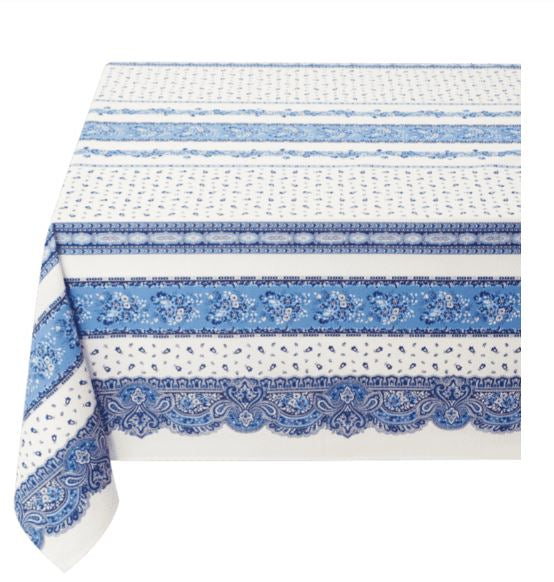 $89 60" Sq 2-4 Place 6-Pcs Ensemble Set of 1-Tradition Blue on White Stain-Proof Coated Cotton Tablecloth +4 Matching Napkins +1 Tidy Fabric Bread Basket - – Display a Blue Floral Bistro Cafe Theme Dining Tabletop!