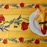 $25 60" Square Tissus Toselli Red Poppies & Lavender on Yellow Plain Cotton Tablecloth Use on a 30 to 45 inch square table for 2 to 4 Place Seating or use a Slip-Leaf Expansion-Length Rectangular Table that seats 4 to 6!