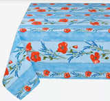 $49 60" Sq Red Poppies & Lavender on Light Blue Coated Cotton Tablecloth - Use on a 30 to 45 inch square table for 2 to 4 Place Seating or use a Slip-Leaf Expansion-Length Rectangular Table that seats 4 to 6!