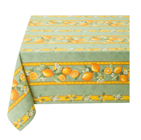 $49 60" Sq Lemons Green Tablecloth Seats 2-4 Citron Theme Floral Yellow Banner Coated Cotton Tablecloth - Use on a 30 to 45 inch square table for 2 to 4 Place Seating or use a Slip-Leaf Expansion-Length Rectangular Table that seats 4 to 6!