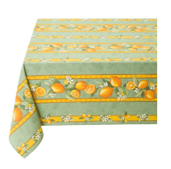 $79 60" x 80" Rectangle Tissus-Toselli Citron Lemons & Leaves on Green Stain-Proof Cotton Tablecloth – Add Provence Lemons Freshness to Your Tabletop!