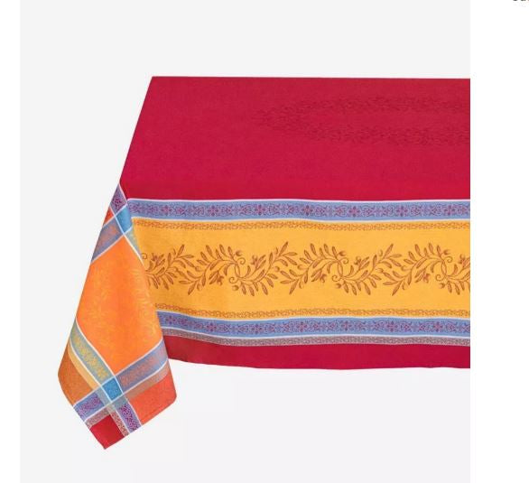 $55 64" Square Jacquard Olivia Red & Yellow Bordered Stain-Proof Tablecloth – Use a 30 to 45 inch round or square table for 2 to 4 Place Seating or use a Slip-Leaf or Drop-Leaves Rectangular Table that comfortably seats 4 to 6 persons!