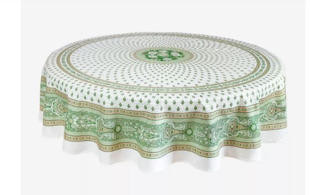 $89 70" Round MARAT Bastide Green Filigree on White Stain-Proof Cotton Tablecloth for 2-6 Person Seating
