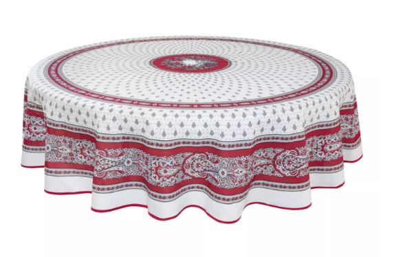 $69 70" Round MARAT Bastide Burgundy Red & Gray on White Plain Cotton Tablecloth For 2-6 Person Seating