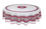 $69 70" Round MARAT Bastide Burgundy Red & Gray on White Plain Cotton Tablecloth For 2-6 Person Seating