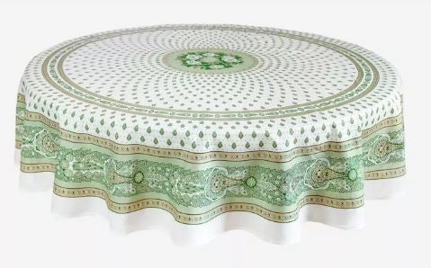 $139 70" Rd 2-6 Place 8-Pcs Ensemble Set Includes 1-Bastide Green Filgree on White Wipeable Coated Cotton Tablecloth +6 Matching Napkins +1 Tidy Fabric Bread Basket - Present a Garden Green Dining Theme!