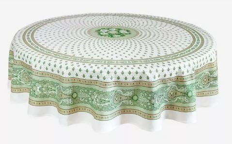 $139 70" Rd 2-6 Place 8-Pcs Ensemble Set Includes 1-Bastide Green Filgree on White Wipeable Coated Cotton Tablecloth +6 Matching Napkins +1 Tidy Fabric Bread Basket - Present a Garden Green Dining Theme!