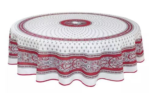 $129 70" Rd 2-6 Place 8-Pcs Ensemble Set Includes 1-Bastide Burgundy Red on White Plain Cotton Tablecloth +6 Matching Napkins +1 Tidy Fabric Bread Basket - A Stunning Design for Red Wines Dining Tabletop!