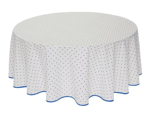 $49 70" Round Tissus-Toselli Blue Allover Floral Calissons Buds on White Plain Cotton Tablecloth – Set Your Tabletop with a White Clouds Blue Sky Theme!