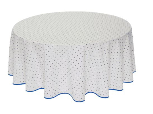 $79 70" Rd 2-6 Place 8-Pcs Ensemble Set Includes 1-Blue Allover Calissons Floral Buds on White Plain Cotton Tablecloth +6 Matching Napkins +1 Tidy Fabric Bread Basket - A Blue Floral Sunny Day Table Topper!