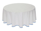 $79 70" Rd 2-6 Place 8-Pcs Ensemble Set Includes 1-Blue Allover Calissons Floral Buds on White Plain Cotton Tablecloth +6 Matching Napkins +1 Tidy Fabric Bread Basket - A Blue Floral Sunny Day Table Topper!