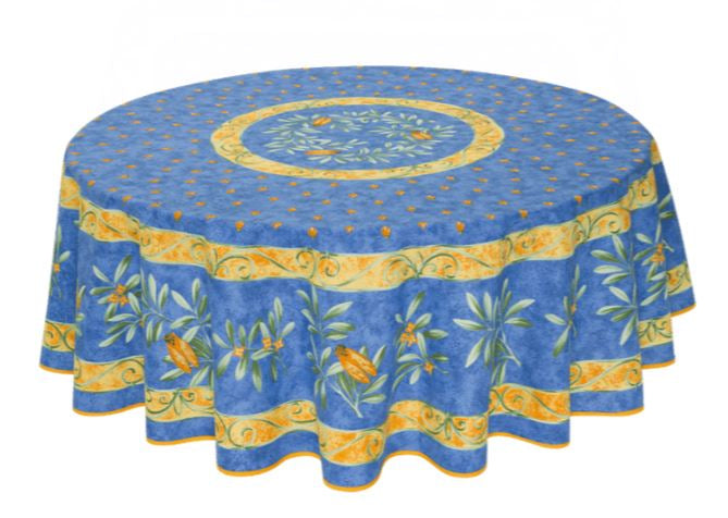 $79 70" Rd Cigale Locusts on Blue Stain-Proof Cotton Tablecloth Seats 2-6
