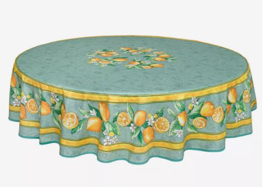 $139 70" Rd 2-6 Place 8-Pcs Ensemble Set Includes 1-Citron Lemons on Green Wipeable Coated Cotton Tablecloth +6 Matching Napkins +1 Tidy Fabric Bread Basket - The Classic Design for Florida Patio Dining Tabletyop!