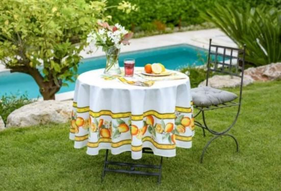 $139 70" Rd 2-6 Place 8-Pcs Ensemble Set Includes 1-Citron Lemons on White Wipeable Coated Cotton Tablecloth +6 Matching Napkins +1 Tidy Fabric Bread Basket - Display a Bright Outdoor Lemons Tabletop!