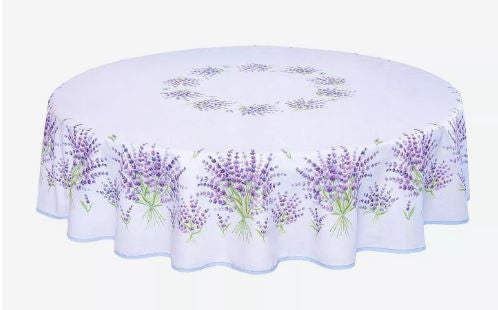$129 70" Rd 2-6 Place 8-Pcs Ensemble Set Includes 1-Bonnieux Lavender Purple Green on White Filigree Plain Cotton Tablecloth +6 Matching Napkins +1 Tidy Fabric Bread Basket - Newest Design in Lavender Floral Dining!
