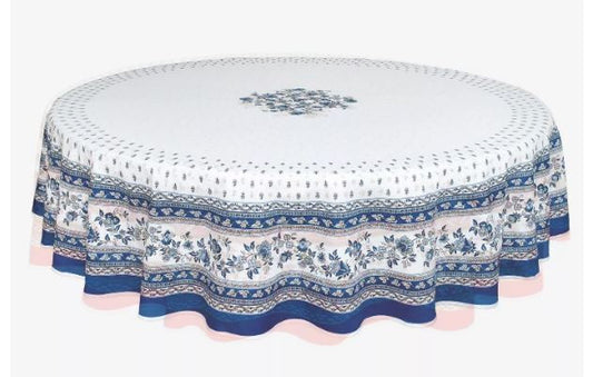 $89 70" Round MARAT Avignon Revisited Blue on White Filigree Coated Cotton Tablecloth for 2-6 Person Seating
