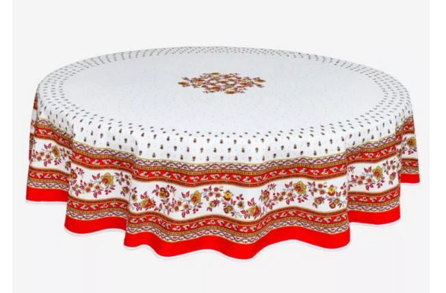 $99 70" Rd 2-6 Place 8-Pcs Ensemble Set Includes 1-Avignon Red Yellow White Plain Cotton Tablecloth +6 Matching Napkins +1 Tidy Fabric Bread Basket - Display Stunning Red White Tabletop Dining!