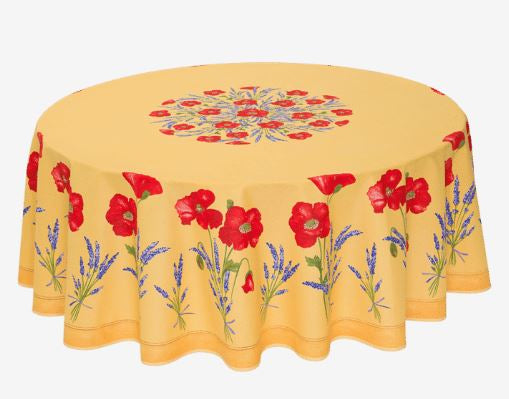 $89 70" Rd Poppies on Yellow Coated Cotton  Tablecloth Seats 2-6
