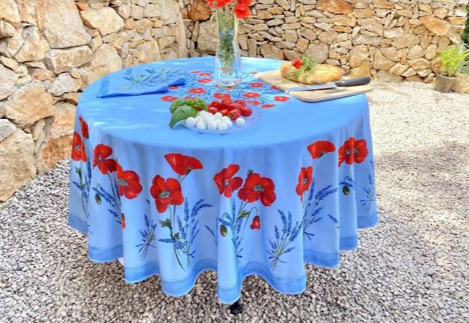 $139 70" Rd 2-6 Place 8-Pcs Ensemble Set Includes 1-Red Poppies on Light Blue Wipeable Coated Cotton Tablecloth +6 Matching Napkins +1 Tidy Fabric Bread Basket - Enjoy the Best in Blue Sky Garden Dining!