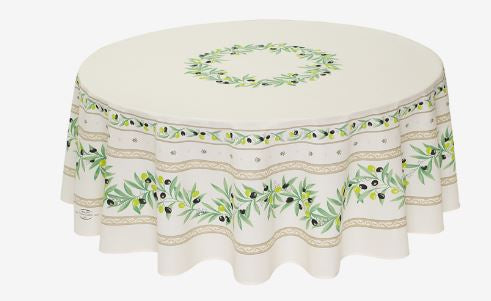 $139 70" Rd 2-6 Place 8-Pcs Ensemble Set Includes 1-Ramatuelle Olives on White Wipeable Coated Cotton Tablecloth +6 Matching Napkins +1 Tidy Fabric Bread Basket - Imagine This Design and Color under a Garden Tree Dining Terrace!
