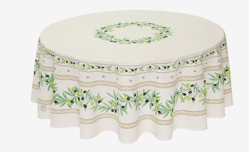 $139 70" Rd 2-6 Place 8-Pcs Ensemble Set Includes 1-Ramatuelle Olives on White Wipeable Coated Cotton Tablecloth +6 Matching Napkins +1 Tidy Fabric Bread Basket - Imagine This Design and Color under a Garden Tree Dining Terrace!
