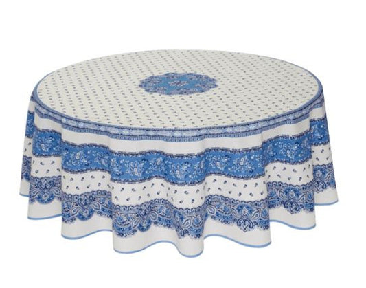 $89 70" Round MARAT Tradition Blue Filigree on White Stain-Proof Cotton Tablecloth for 2-6 Person Seating