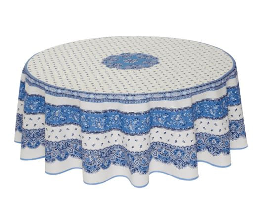 $69 70" Round MARAT Tradition Blue Filigree on White Plain Cotton Tablecloth - For 2-6 Person Seating