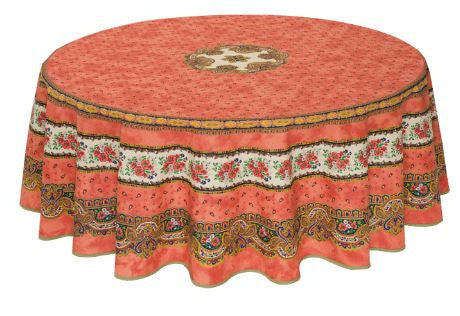 $139 70" Rd 2-6 Place 8-Pcs Ensemble Set Includes 1-Tradition Orange Rust Filigree Wipeable Coated Cotton Tablecloth +6 Matching Napkins +1 Tidy Fabric Bread Basket - A Vineyard in Sunset Theme Dining Tabletop!