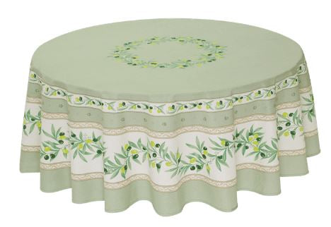 $139 70" Rd 2-6 Place 8-Pcs Ensemble Set Includes 1-Ramatuelle Olives on Green Wipeable Coated Cotton Tablecloth +6 Matching Napkins +1 Tidy Fabric Bread Basket -  Dine with an Olives Garden Tabletop!