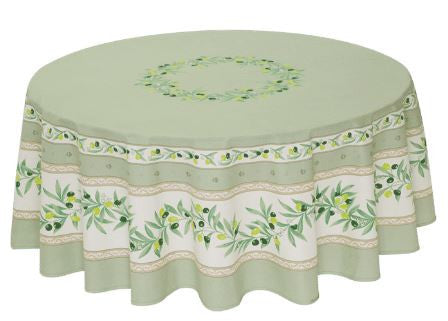 $89 70" Round Tissus-Toselli Ramatuelle Olives & Leaves in Green on White Stain-Proof Cotton Tablecloth for 2-6 Person Seating