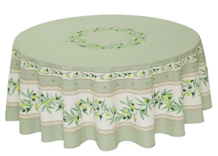 $89 70" Round Tissus-Toselli Ramatuelle Olives & Leaves in Green on White Stain-Proof Cotton Tablecloth for 2-6 Person Seating