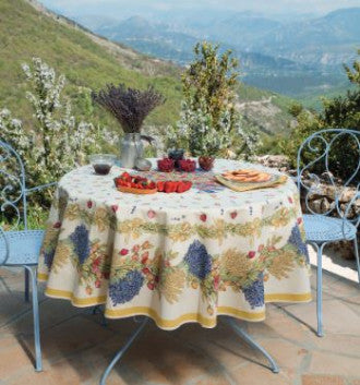 $139 70" Rd 2-6 Place 8-Pcs Ensemble Set Includes 1-Roses & Lavender on Wipeable Coated Cotton Tablecloth +6 Matching Napkins +1 Tidy Fabric Bread Basket - Create a Rose Garden Theme Tablr Top!