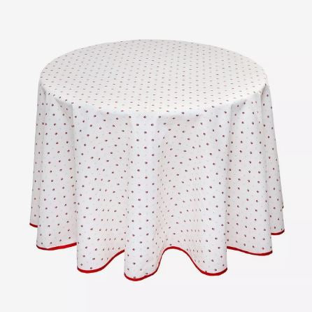 $45 60" Rd Red White Floral 2-4 Plc 6-Pcs Ensemble Set of 1-White & Red Plain Cotton Tablecloth +4 Matching Napkins +1 Tidy Fabric Bread Basket - Enjoy French Bistro Dining!