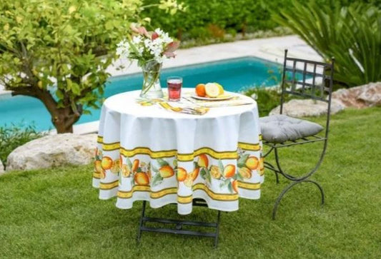 $89 70" Rd Lemons & Leaves White Stain-Proof  Tablecloth Seats 2-6