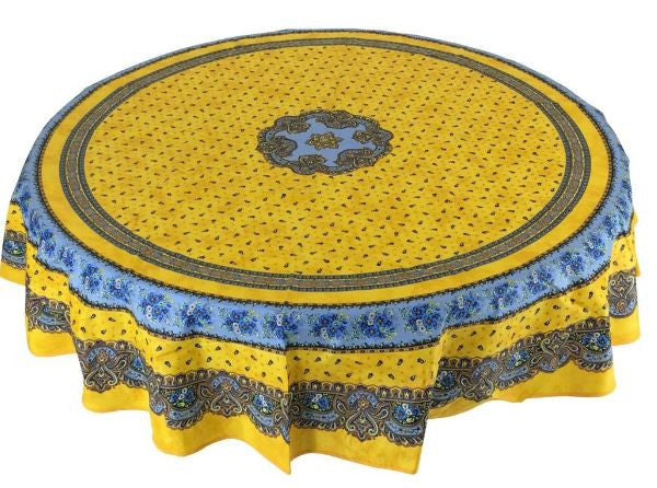 $115 90" Round MARAT Tradition Blue on Yellow Tablecloth in Stain-Proof Coated Cotton for 2-8 Person Seating.